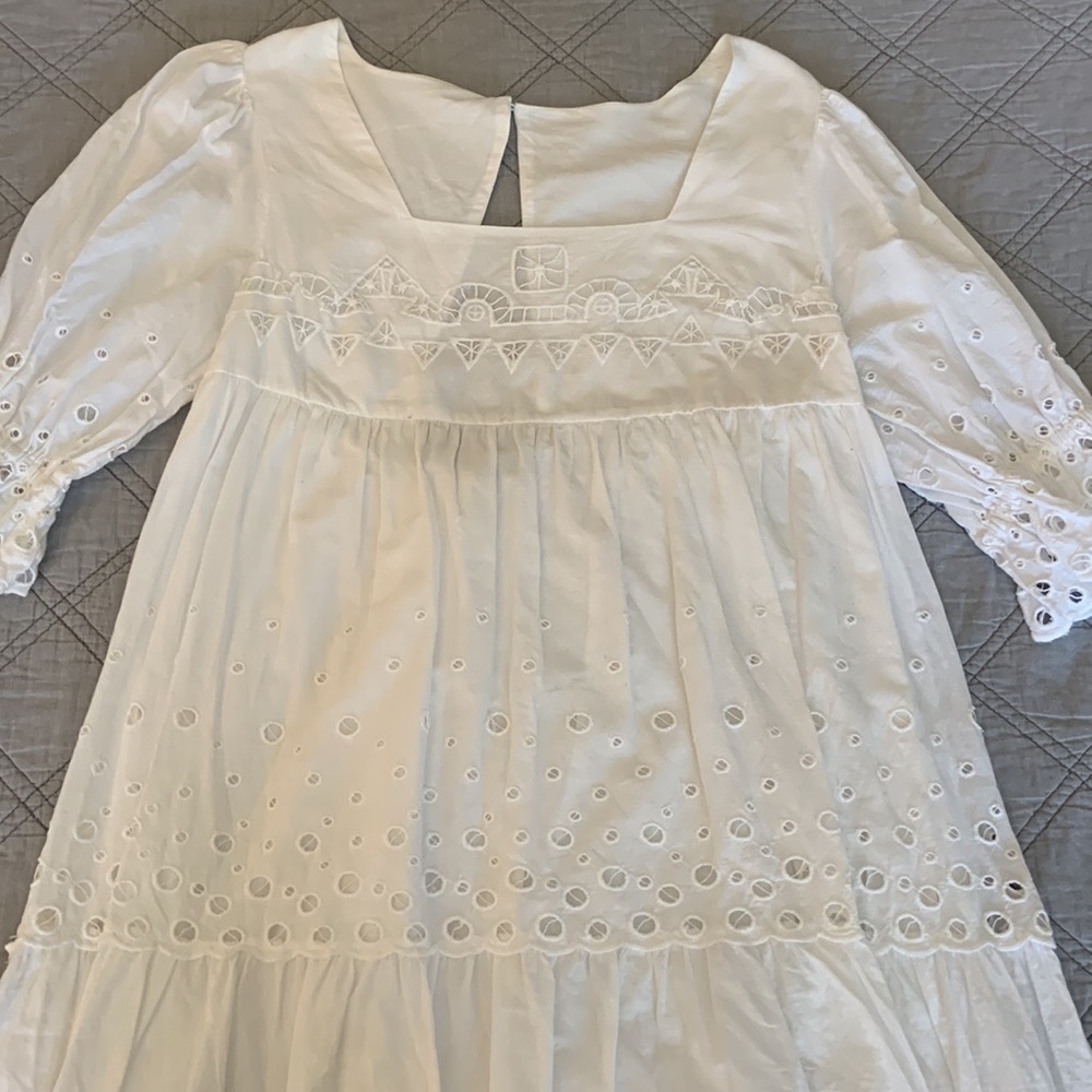 Anthropologie White Eyelet Puff Sleeve Dress - size Medium